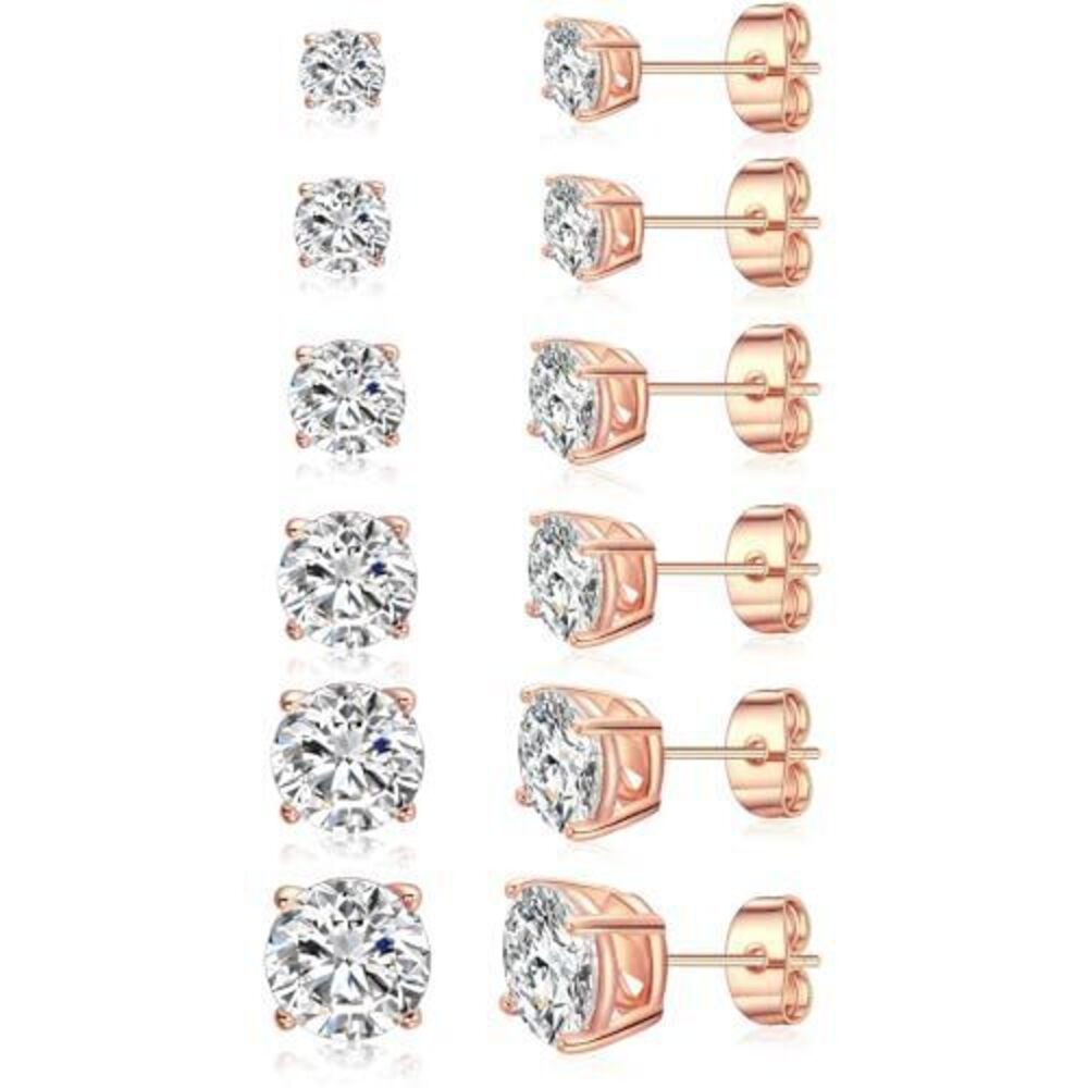 5837 6 Pairs Cubic Zirconia Stud Earrings / - Round Cut 4 Prong Settings